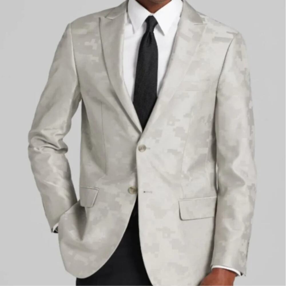 Jos A Bank Tailored Fit Digital Camo Gray Silver Suit Jacket Blazer Size 40 Reg